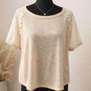 7th Ray Beige/Cream Open Knit Lace Sleeve Ruffle Top T-5864 Large